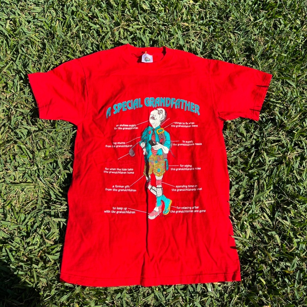 Vintage 90s Funny Special Grandfather Cartoon Caricature T Shirt Red Mens L